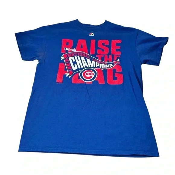 MAJESTIC Mens Chicago Cubs 2016 NL Champs Medium Raise The Flag Baseball T-Shirt - Picture 3 of 9